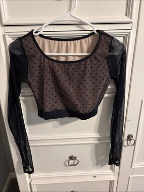 Sheer Polka Dot Long-Sleeve Crop Top, dance- Black